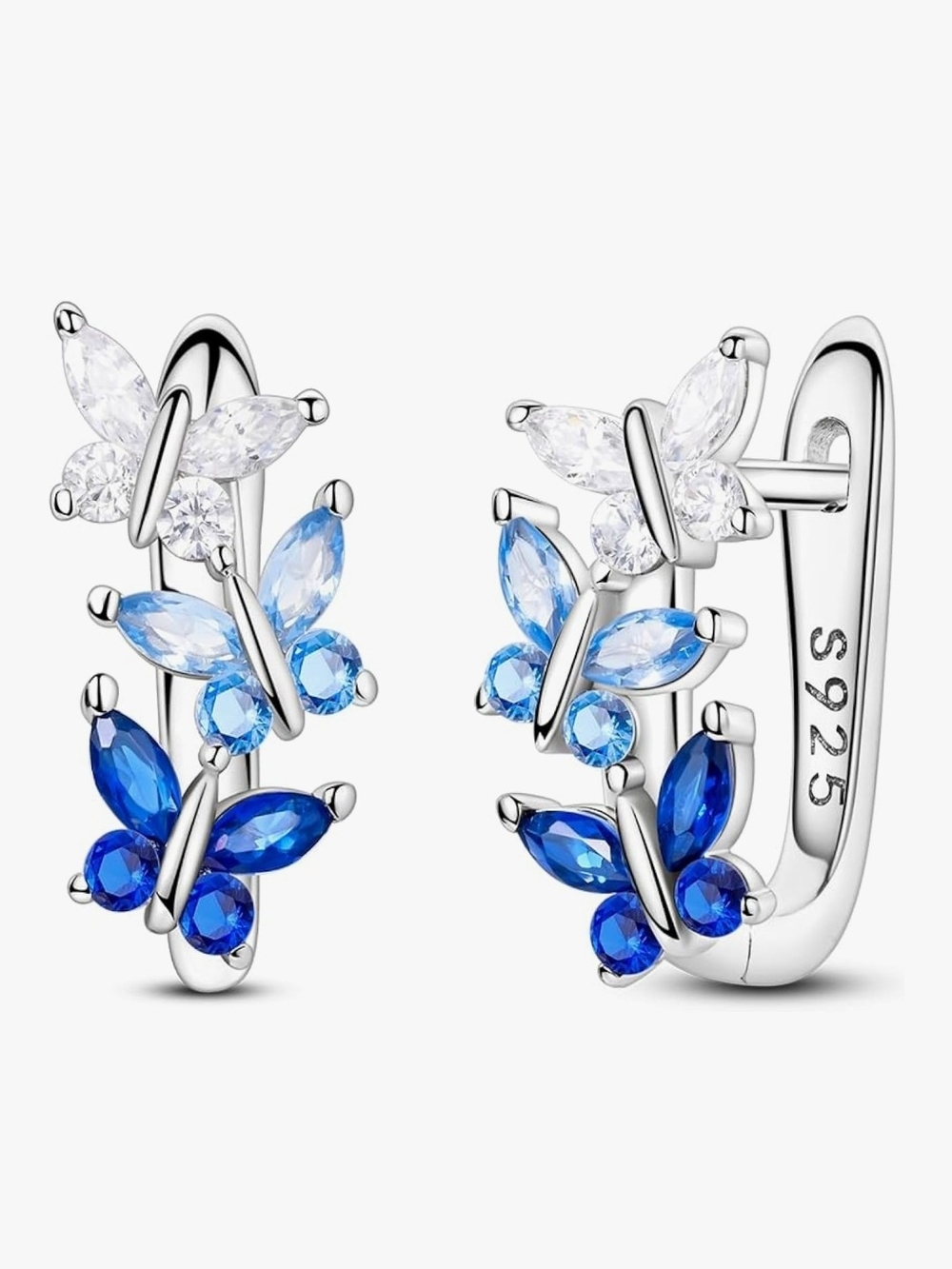 925 Sterling Silver Blue Gradient Butterfly Hoop Earrings